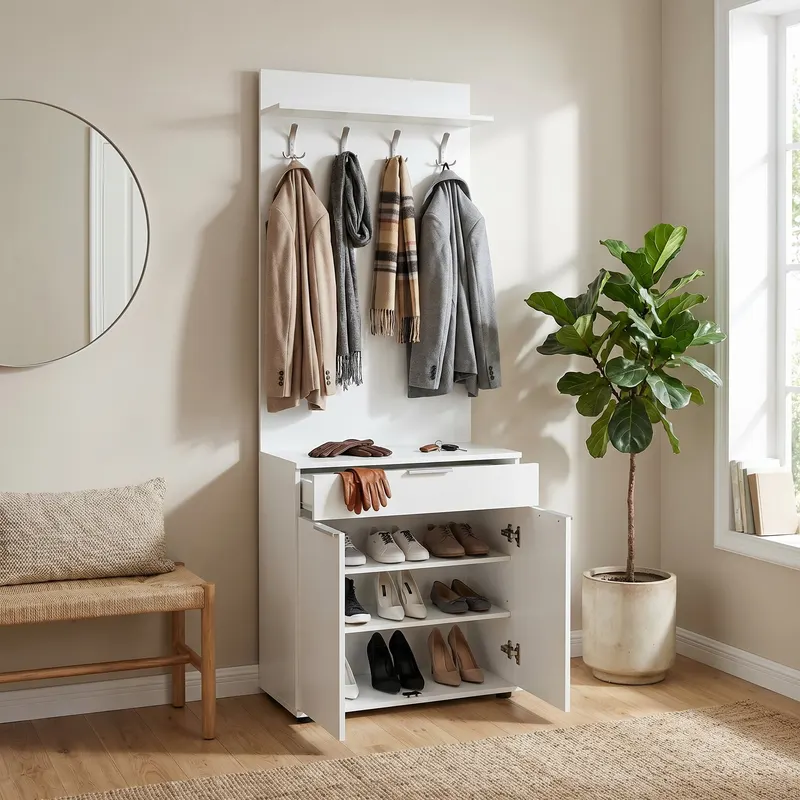 Cuier cu Pantofar PRT-521-BB-1 Home Collection® Porto Aero, cu Sertar, Alb - Natur, 73x187x36 cm - Alb