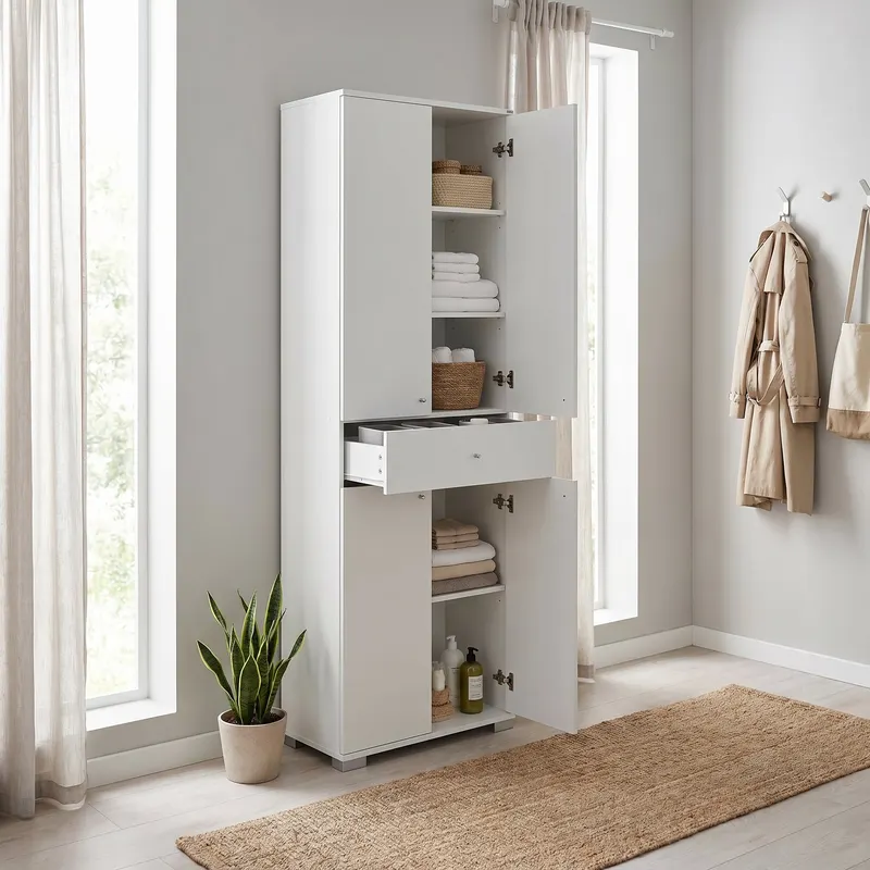 Dulap ADR-441-PP-1 Home Collection® Diamond, Multifunctional, 4 usi, 4 rafturi, 1 sertar, Alb, 60x187x40 cm - Alb