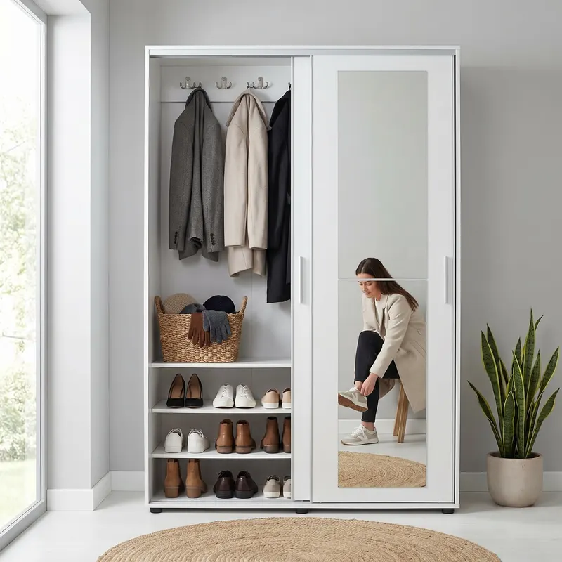 Cuier cu pantofar PRT-620-BB-3 Home Collection® Porto Maxi, 2 usi cu oglinda, 12 rafturi, capacitate 32 perechi incaltaminte, Alb - Natur, 120x187x40 cm - Alb