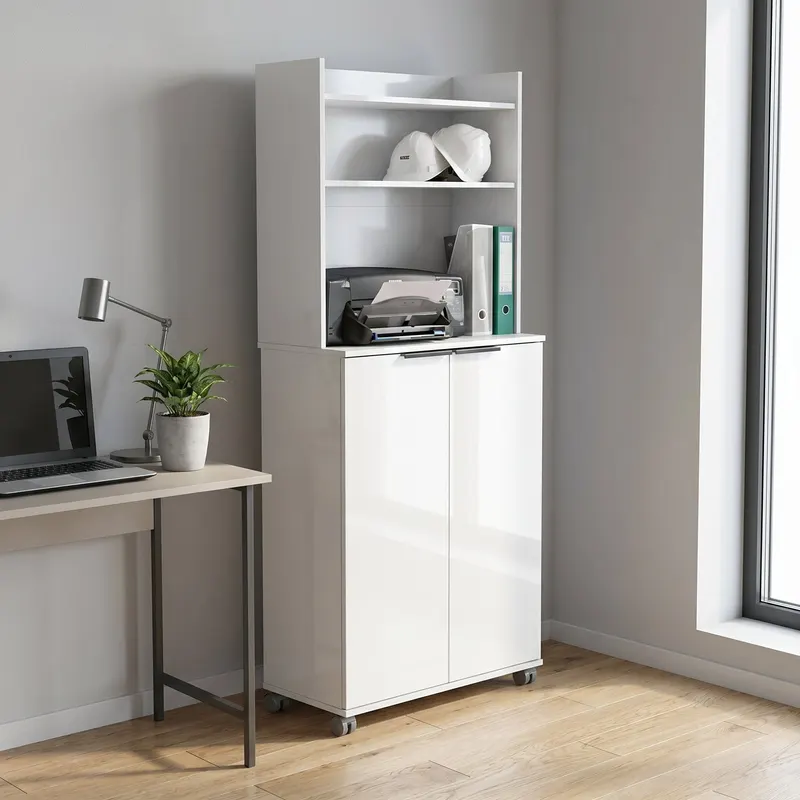 Dulap Multifunctional ADR-470-PP-1 Home Collection® Diamond, 2 usi, 6 rafturi, cu rotile, Alb Lucios, 73x172x36 cm - Alb