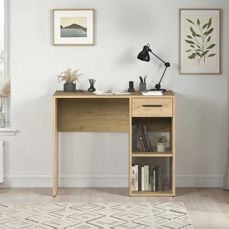 Birou Modern CMS-505-BB-1 Home Collection® Concept cu Sertar și 2 Rafturi, Alb - Maro - Stejar - Antracit, 90x52x75 cm - Stejar