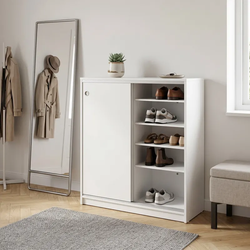 Dulap Pantofi ADR-322-BB-1 Home Collection® Diamond, 2 usi glisante, 5 rafturi, Alb - Natur, 91x105x37 cm - Alb