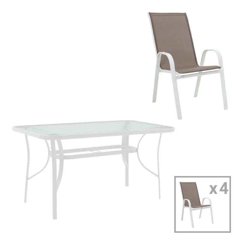 Masă de sufragerie cu set 5 piese Calan-Ensure, stil modern, metal-sticla, alb, 120x70x70cm - Alb