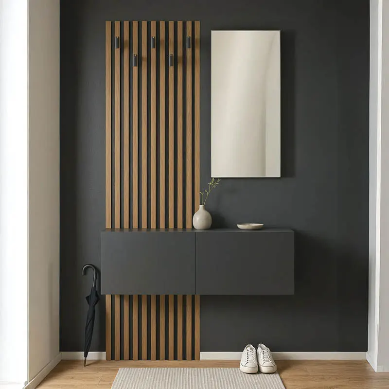 Mobilier de intrare Arika cu oglinda si riflaj, 100x37x199 cm - Stejar