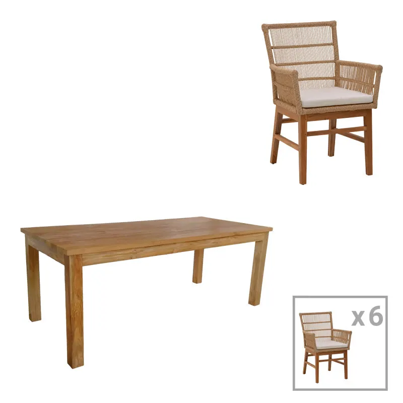Set de sufragerie Inca-Wooly, 7 piese, Bej-Natural, 220x90x75 cm - Natur
