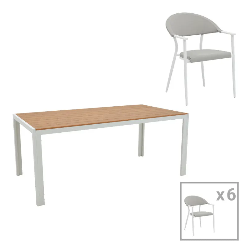 Set de 7 buc masa si scaune de gradina Nares-Pino B aluminiu alb si placaj, Natural, 180x90x72 cm - Alb