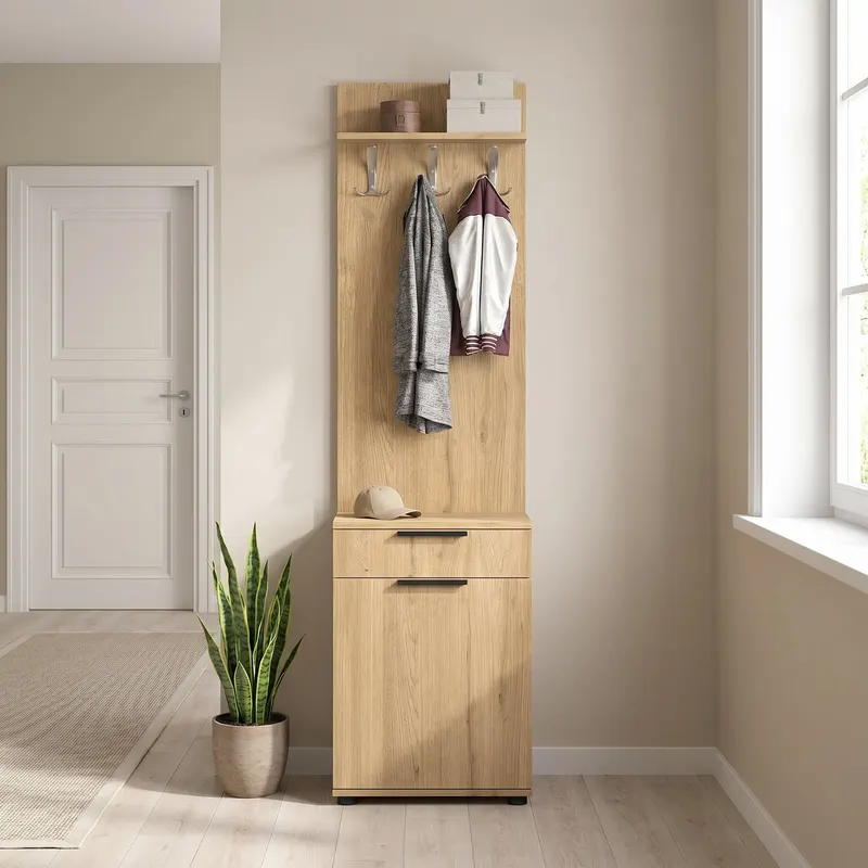 Cuier cu Pantofar PRT-511-BB-1 Home Collection® Porto Aero cu usa si sertar, Alb - Stejar, 52x187x36 cm - Stejar