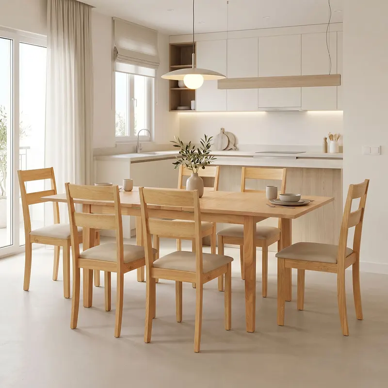 Set masa si scaune Dallan Country, Lemn rubberwood, Natural, 150x80x74 cm - Natural