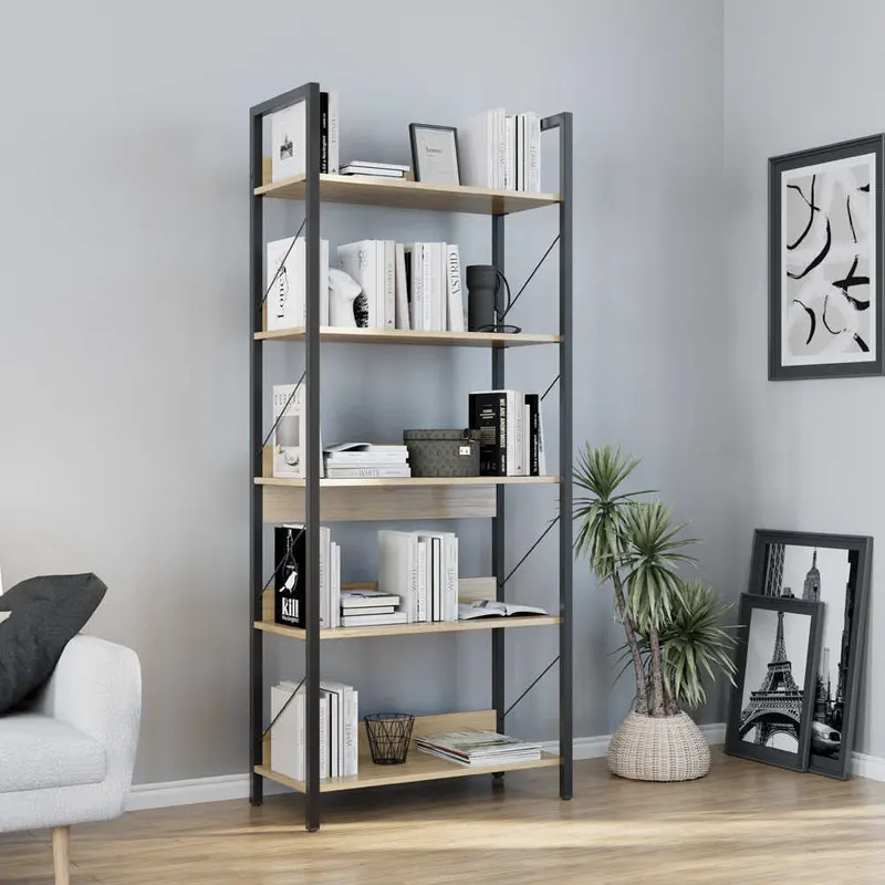 Biblioteca KTP-850-FF-1 Home Collection® Profile cu 5 rafturi, Alb - Maro - Stejar, 73x172x35 cm - Stejar