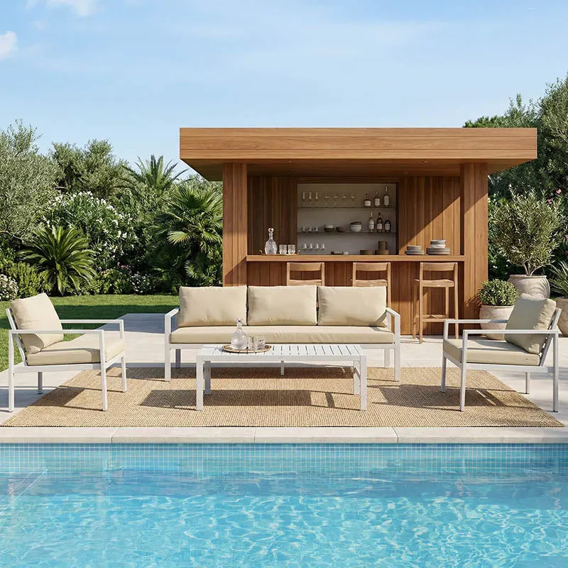 Set lounge exterior Gardenly I, 4 piese, 175x69x72 cm - Alb-Gri-Bej