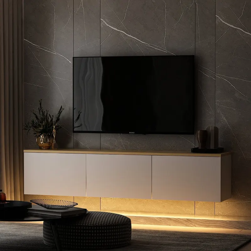 Comoda TV Neon Inarch, alb - stejar, pin atlantic, 160x32 cm - WhitenOak