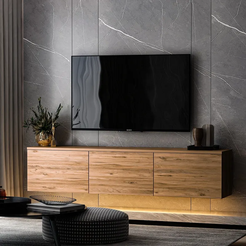 Comoda TV Neon Inarch, alb - stejar, pin atlantic, 160x32 cm - Atlantic Pine