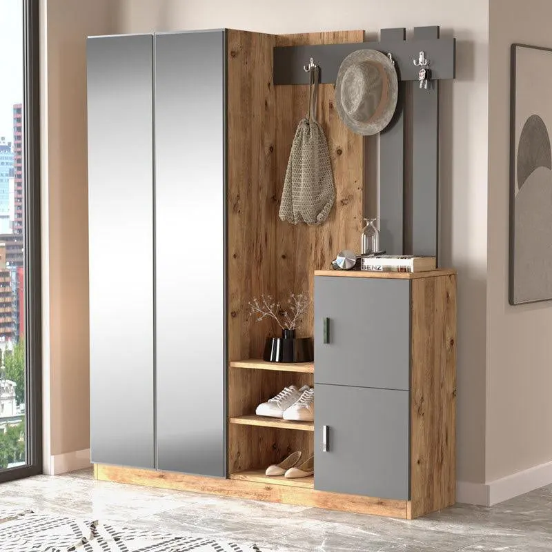 Cuier Doorse cu oglinda, Alb - Gri inchis, 148x35x180 cm - Gri inchis