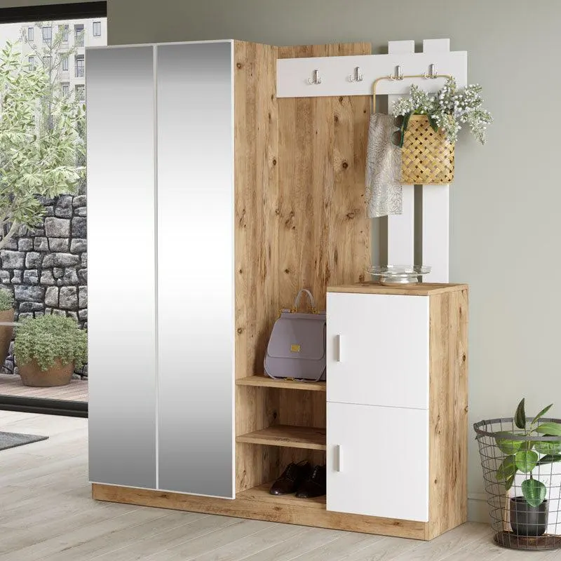 Cuier Doorse cu oglinda, Alb - Gri inchis, 148x35x180 cm - Alb