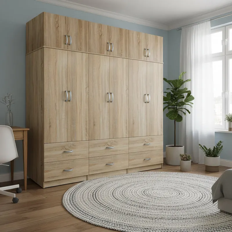Dulap Athos cu 6 usi, sertare si loft, 240x42x240 cm - Stejar