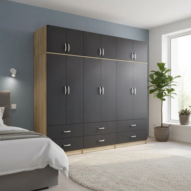 Dulap Athos cu 6 usi, sertare si loft, 240x42x240 cm - Sonoma-Antracit