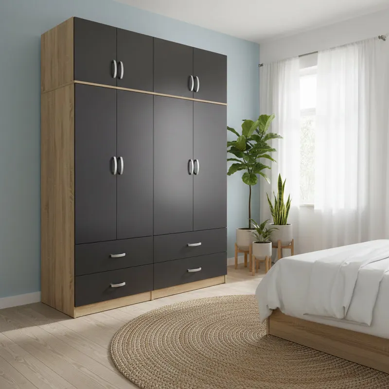 Dulap Athos cu 4 usi, sertare si loft, 160x42x240 cm - Sonoma-Antracit