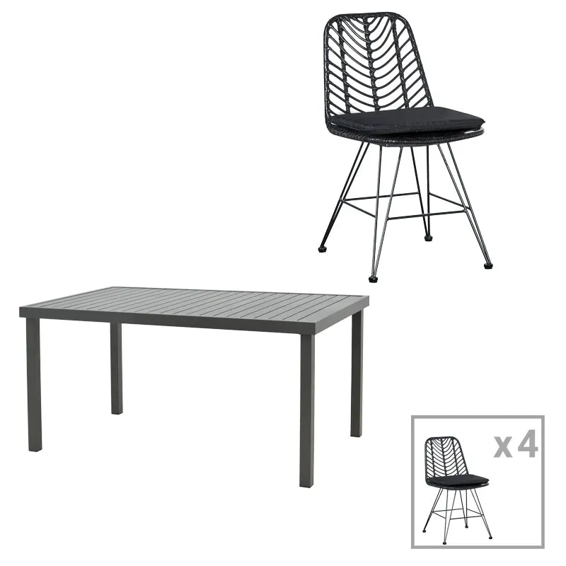 Masă de sufragerie Naoki-Kliton I set de 5 aluminiu antracit si ratan pe negru de negru 150x80x74cm - Antracit