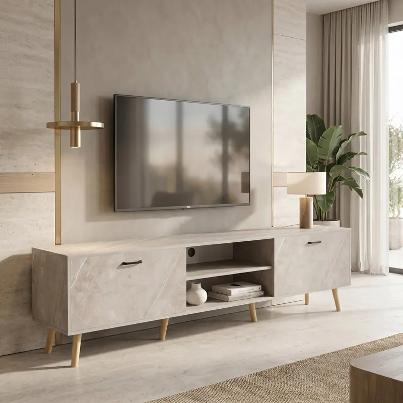 Comoda TV Gorna, Aspect marmura, Bej, 180x35x49 cm - Bej