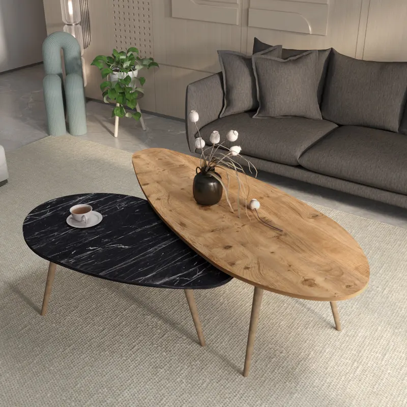 Mese de cafea Monty, set 2 piese, marmura în nuante de negru-Natural, versatile, 116x46x46 cm - Natur