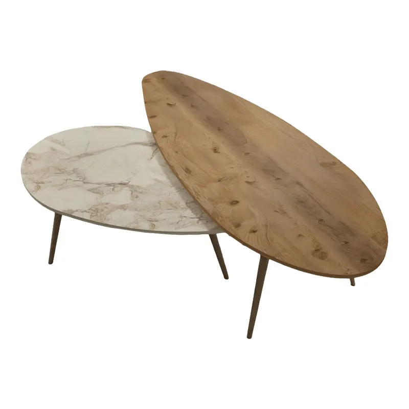Set masa de cafea 2 piese Monty, Lemn și Imitatie Marmura, Natural-Bej, 116x46x46 cm - Natur
