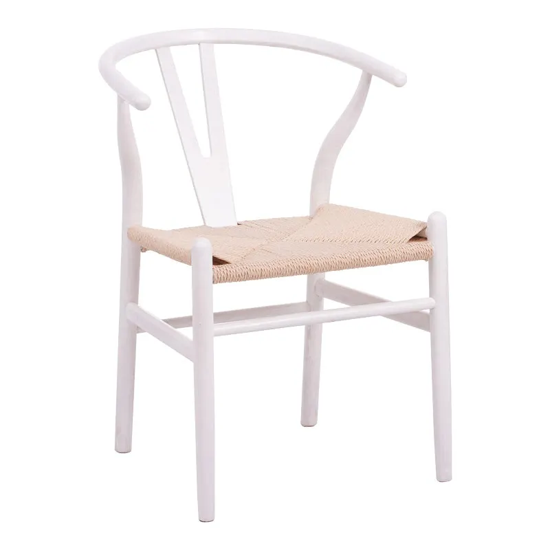 Scaun tip Wishbone, lemn de arbore de cauciuc și frânghie, alb, 53x57x74 cm - Natur