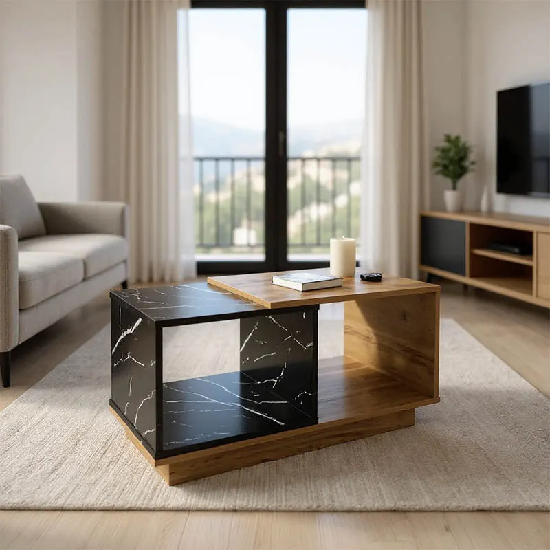 Masa de cafea eleganta Fetix, marmura neagra, lemn, 90x45x45 cm - Stejar