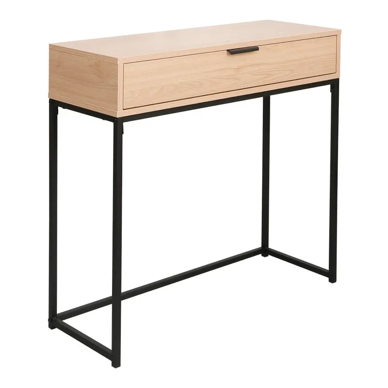 Masa Consolă cu sertar Joumpa, metal negru și lemn, 80x28x76 cm - Natur