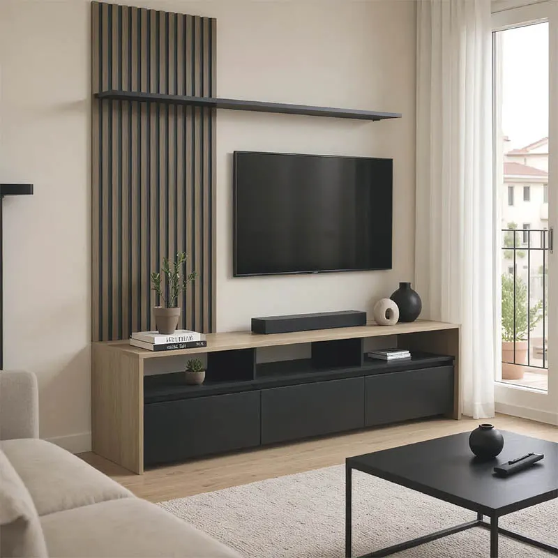 Set de mobilier living cu rafturi Delfina și metal, Sonoma - Negru, 190x40x199 cm - Negru