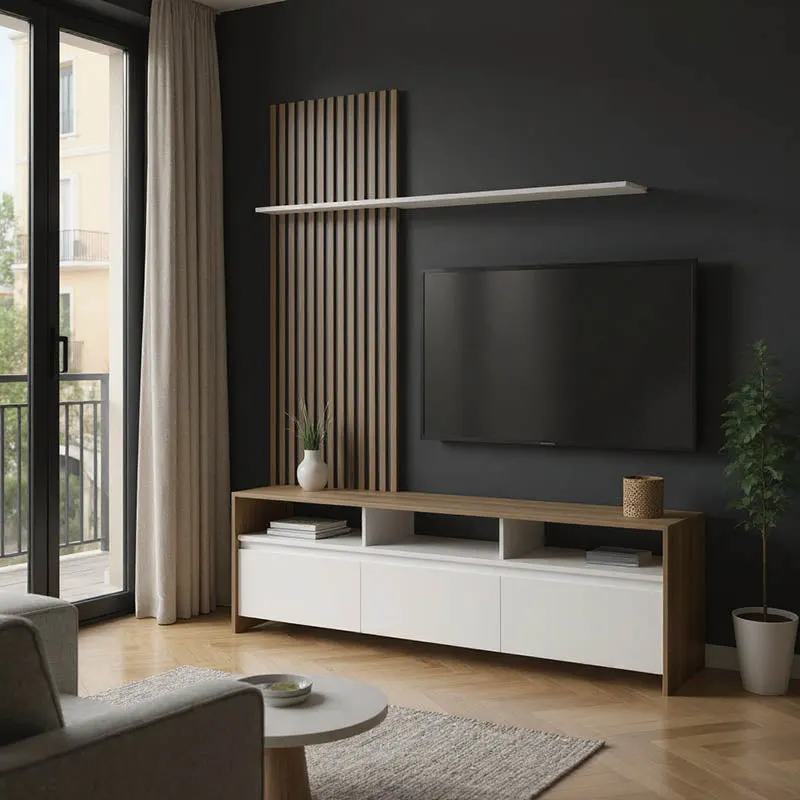 Set de mobilier living cu rafturi Delfina și metal, Sonoma - Negru, 190x40x199 cm - Alb