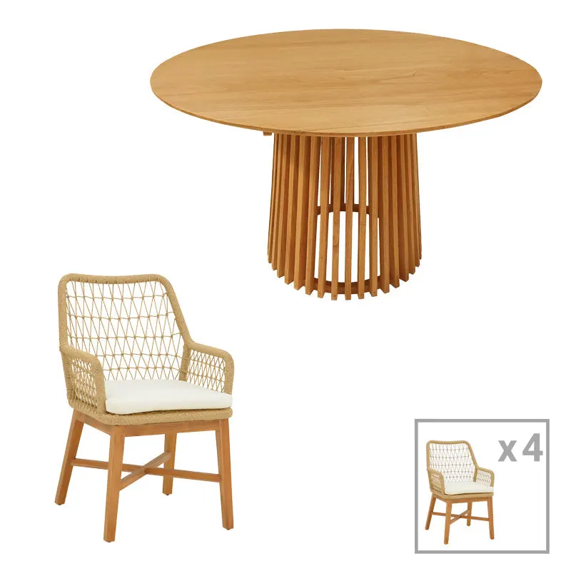 Set de masa pentru sufragerie Elaiza-Kenda 5 piese din lemn de teak, Natural, D120x75 cm - Natur
