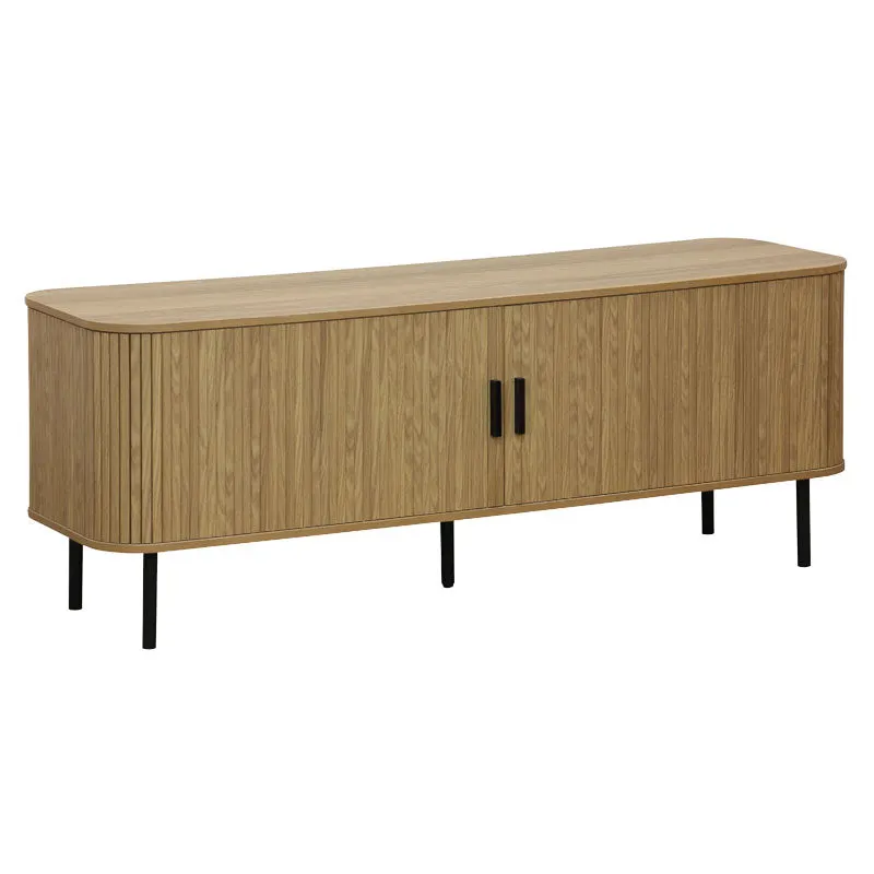Comoda TV - Consolă de dimensiuni medii Scandi MDF lemn Natural cu picioare din metal, negru, 150x45x58 cm - Natur
