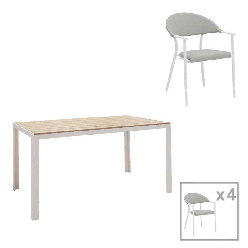 Set de 5 buc masa si scaune de gradina Nares-Pino A aluminiu alb si placaj, Natural, 140x80x72 cm - Alb