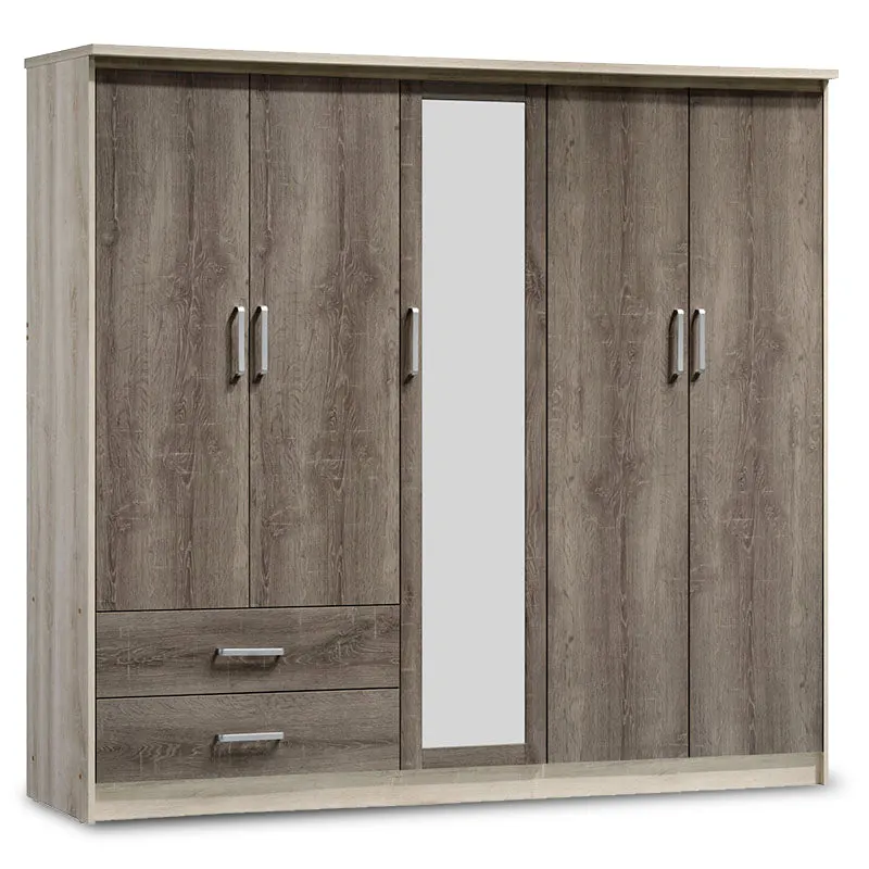 Dulap Olympus cu 5 usi si sertare cu oglinda, 198x57x183 cm - Natur