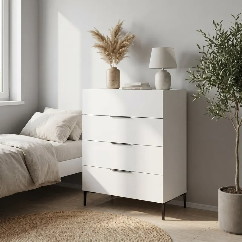 Comoda SFN-1740-DD-1 Home Collection® Oryana, 4 sertare, Alb - Nuc - Stejar, 80x104x44 cm - Alb