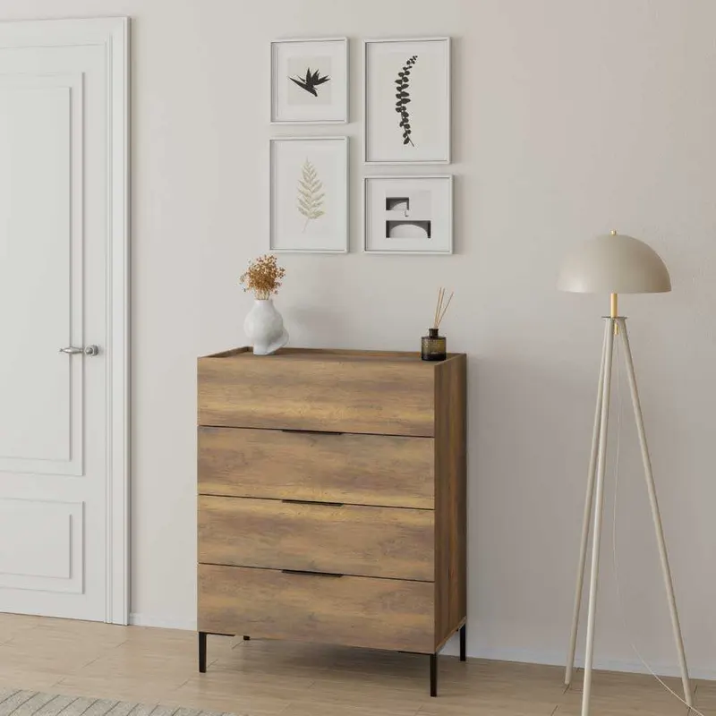 Comoda SFN-1740-DD-1 Home Collection® Oryana, 4 sertare, Alb - Nuc - Stejar, 80x104x44 cm - Nuc