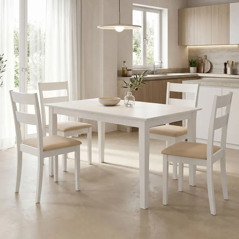 Set masa si scaune Dallan Mabor, Lemn rubberwood, Alb, 150x80x74 cm - Alb