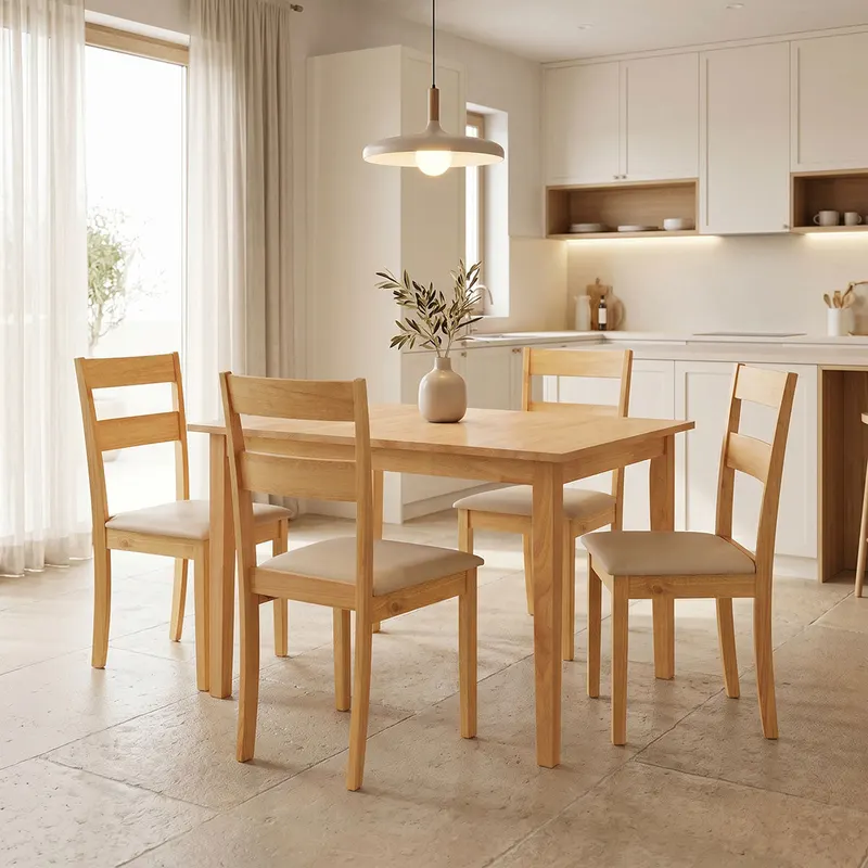 Set masa si scaune Dallan Country, Lemn rubberwood, Natural, 150x80x74 cm - Natural