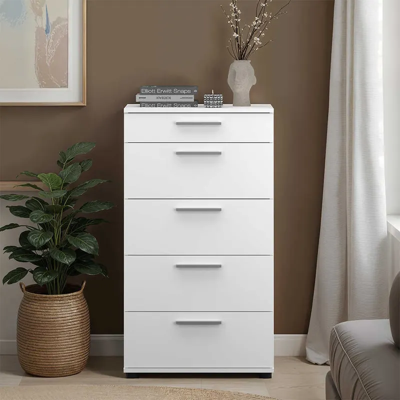 Comoda SFN-550-FF-1 Home Collection® Trendline cu 5 sertare, Alb - Maro - Stejar - Mov, 60x108x44 cm - Alb