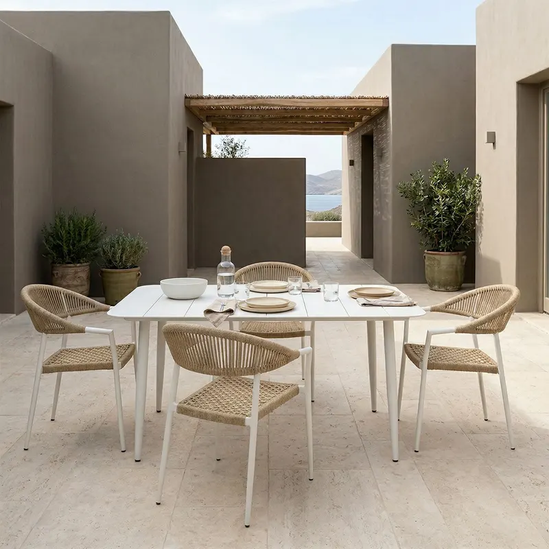 Set de sufragerie exterior Ammos Vista, 5 piese, Alb-Natural, aluminiu si ratan PE, 150x80x72 cm - Alb-Natural