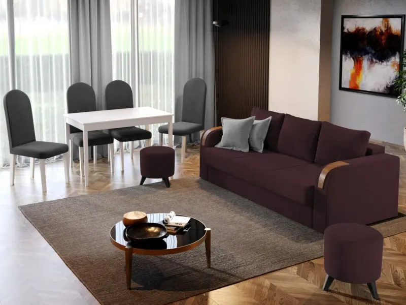 Pachet Mobila Canapea Morelia Visinie + Masa Grand Alba + 4 Scaune Grand Gri Inchis