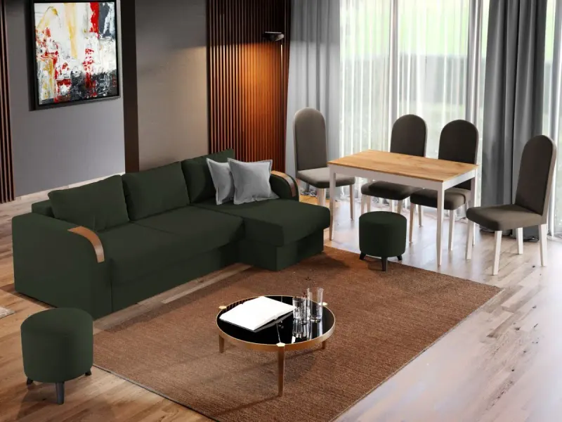 Pachet Mobila Coltar Morelia Verde + Masa Grand Stejar Auriu + 4 Scaune Grand Maro
