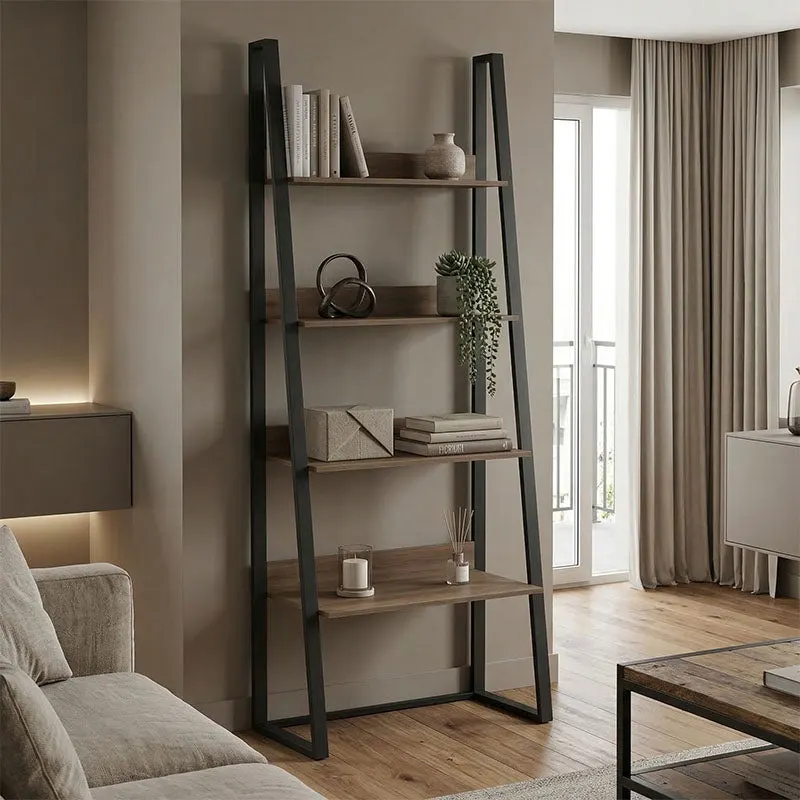 Bibliotecă cu rafturi Alfa, Stil Modern, Metal Negru și Lemn, Sonoma, 75x36x185 cm - SONOMA - BLACK