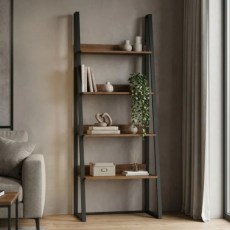 Bibliotecă cu rafturi Alfa, Stil Modern, Metal Negru și Lemn, Sonoma, 75x36x185 cm - Walnut- BLACK