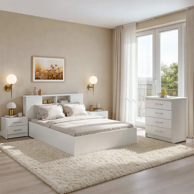 Set dormitor Olympus White, Lemn, Set 4 piese, Pat 140x200 cm - Alb