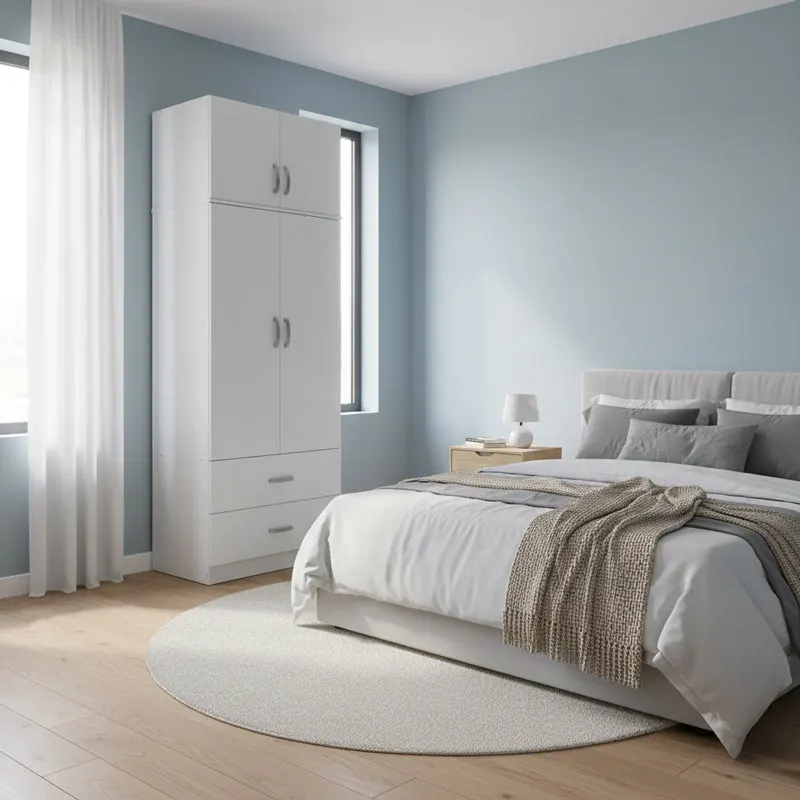 Dulap Athos cu 2 usi, 2 sertare si loft, 80x42x240 cm - Alb
