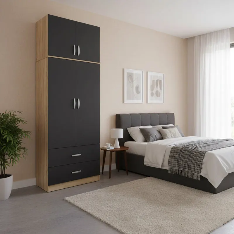 Dulap Athos cu 2 usi, 2 sertare si loft, 80x42x240 cm - Stejar-Antracit