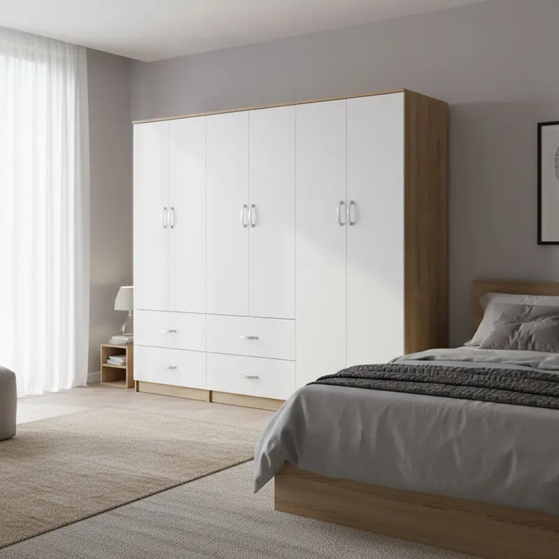 Dulap Athos cu 6 usi, 240x42x180 cm - Sonoma-Alb