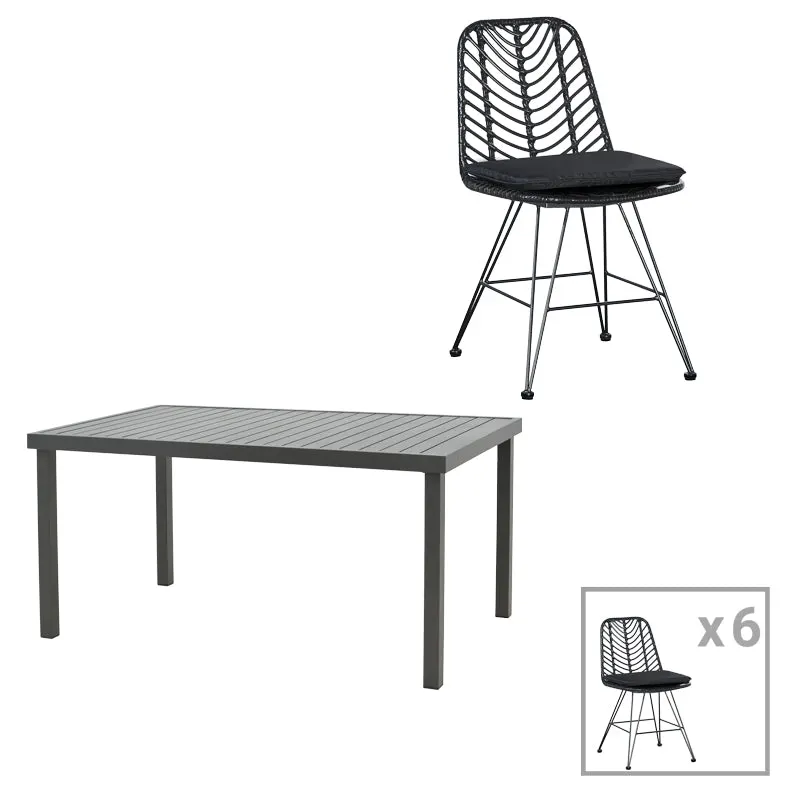 Masă de sufragerie Naoki-Kliton II set de 7 din aluminiu antracit si pe rattan neagra 150x80x74cm - Antracit