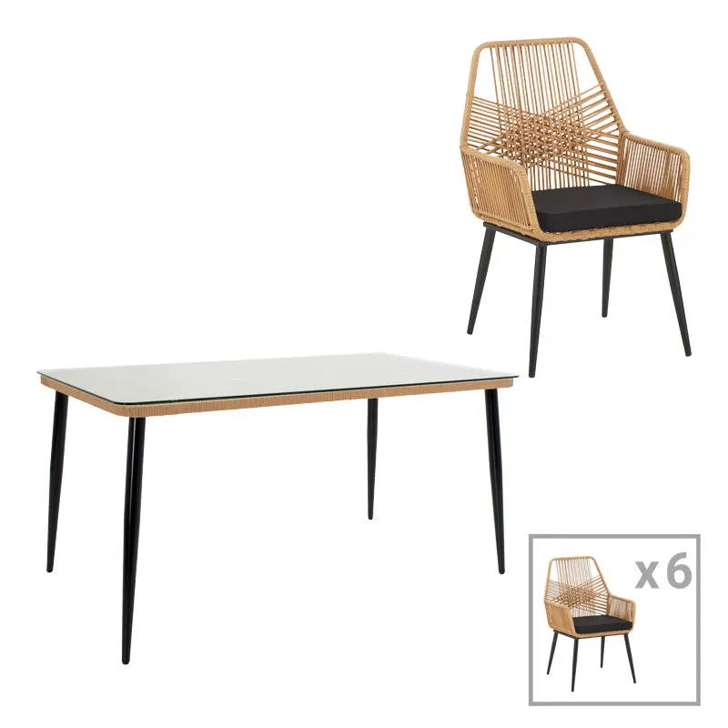Masă de sufragerie Naoki-Tanish set de 7 piese metal negru-pe sticla, Natural, 160x90x78 cm - Natur